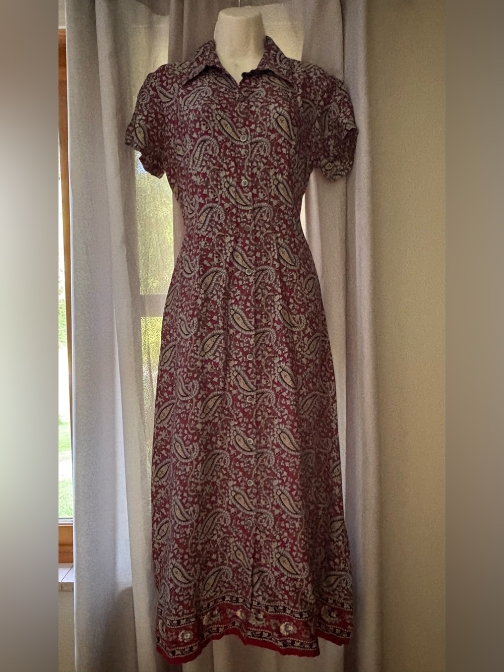 Vintage 90s Crazy Horse Paisley Rayon Maxi Dress Burgundy Cottagecore Grunge 12